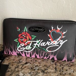 Ed Hardy Pink & Black Leopard Wristlet Wallet